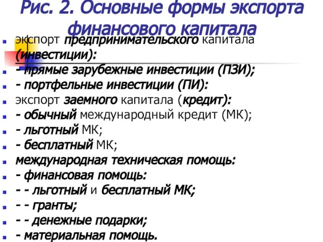 Рис. 2. Основные формы экспорта финансового капитала экспорт предпринимательского капитала (инвестиции): -