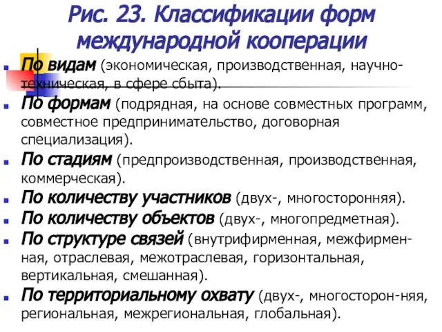 Рис. 23. Классификации форм международной кооперации По видам (экономическая, производственная, научно-техническая, в