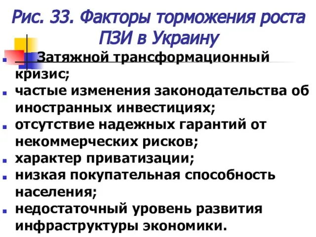 Рис. 33. Факторы торможения роста ПЗИ в Украину Затяжной трансформационный кризис; частые