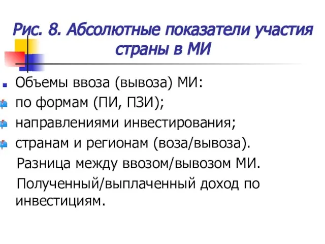 Рис. 8. Абсолютные показатели участия страны в МИ Объемы ввоза (вывоза) МИ: