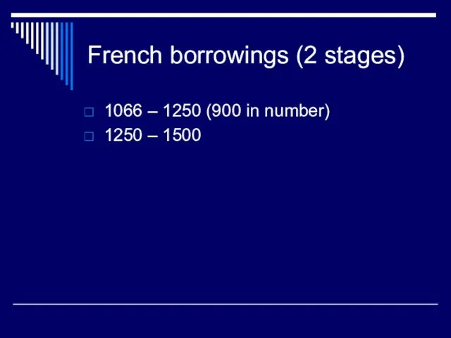 French borrowings (2 stages) 1066 – 1250 (900 in number) 1250 – 1500