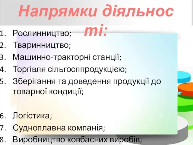 Рослинництво; Тваринництво; Машинно-тракторні станції; Торгівля сільгосппродукцією; Зберігання та доведення продукції до товарної