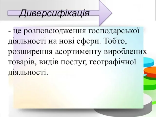 Диверсифікація - це розповсюдження господарської діяльності на нові сфери. Тобто, розширення асортименту