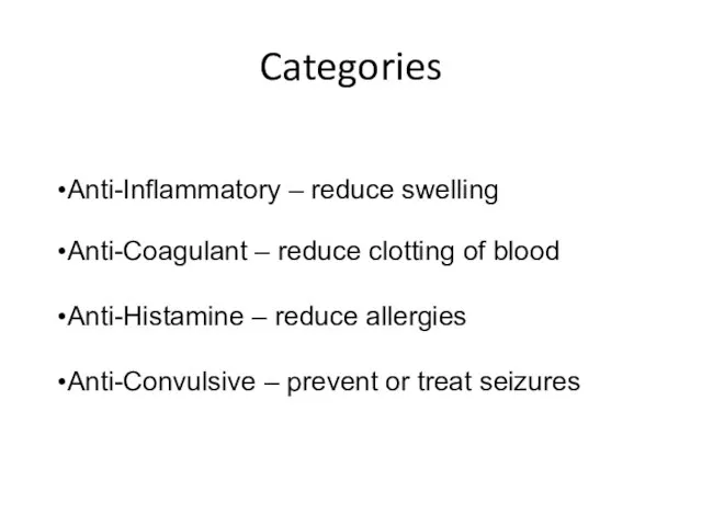 Categories Anti-Inflammatory – reduce swelling Anti-Coagulant – reduce clotting of blood Anti-Histamine