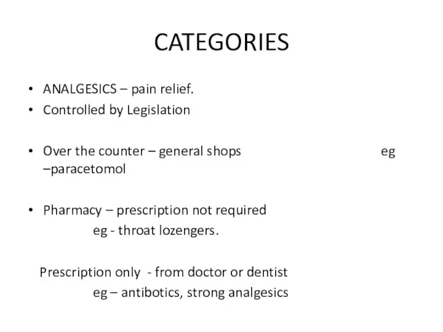 CATEGORIES ANALGESICS – pain relief. Controlled by Legislation Over the counter –