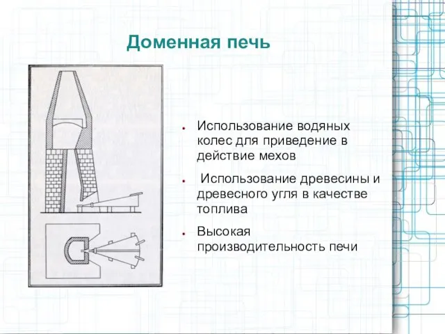 Доменная печь Использование водяных колес для приведение в действие мехов Использование древесины