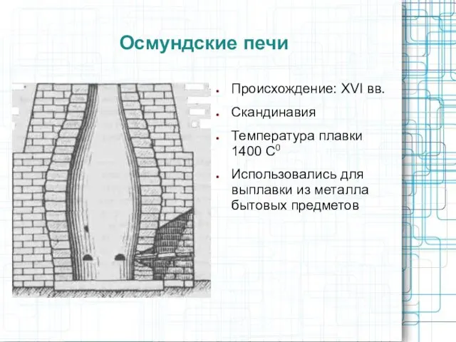 Осмундские печи Происхождение: XVI вв. Скандинавия Температура плавки 1400 C0 Использовались для