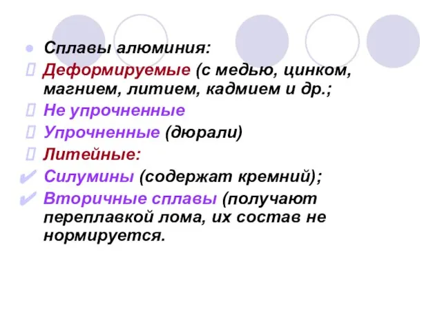 Сплавы алюминия: Деформируемые (с медью, цинком, магнием, литием, кадмием и др.; Не