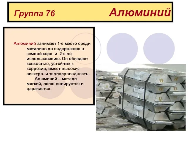 Группа 76 Алюминий Алюминий занимает 1-е место среди металлов по содержанию в