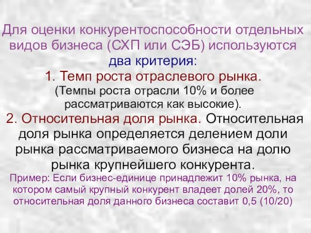 Для оценки конкурентоспособности отдельных видов бизнеса (СХП или СЭБ) используются два критерия: