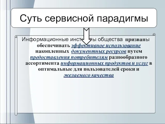 Информационные институты общества призваны обеспечивать эффективное использование накопленных документных ресурсов путем предоставления