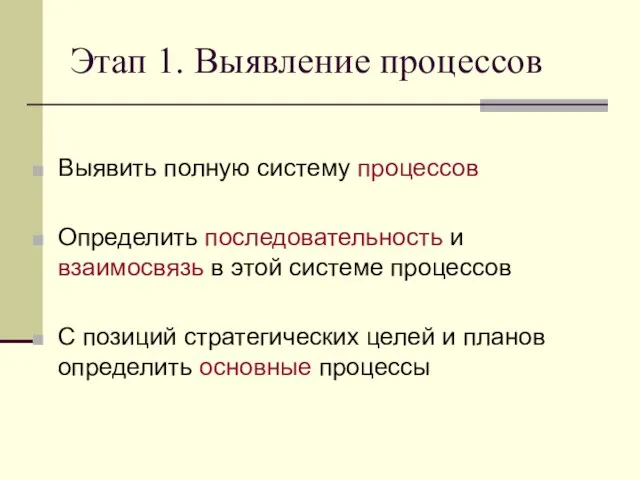 Этап 1. Выявление процессов Выявить полную систему процессов Определить последовательность и взаимосвязь