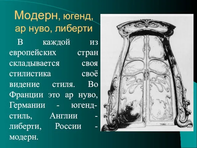 Модерн, югенд, ар нуво, либерти В каждой из европейских стран складывается своя