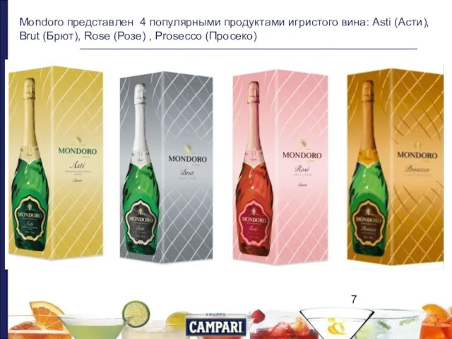 Mondoro представлен 4 популярными продуктами игристого вина: Asti (Асти), Brut (Брют), Rose (Розе) , Prosecco (Просеко)