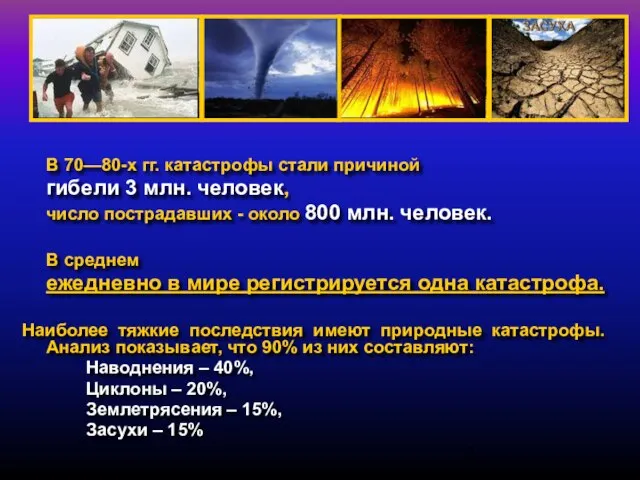 В 70—80-х гг. катастрофы стали причиной гибели 3 млн. человек, число пострадавших