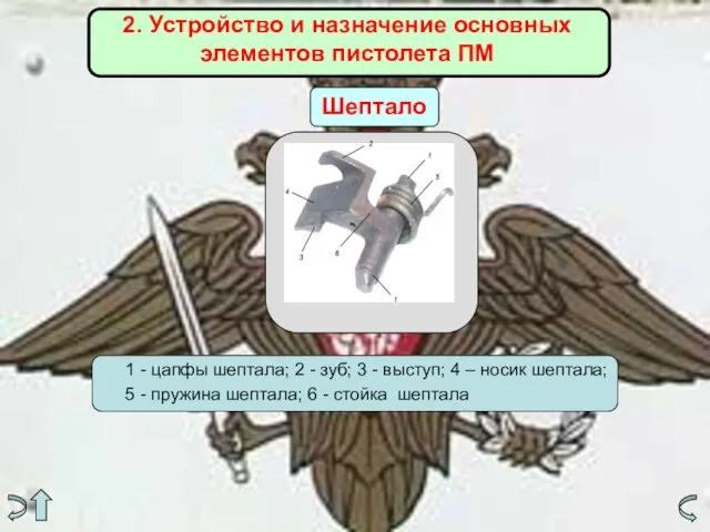 2. Устройство и назначение основных элементов пистолета ПМ Шептало 1 - цапфы