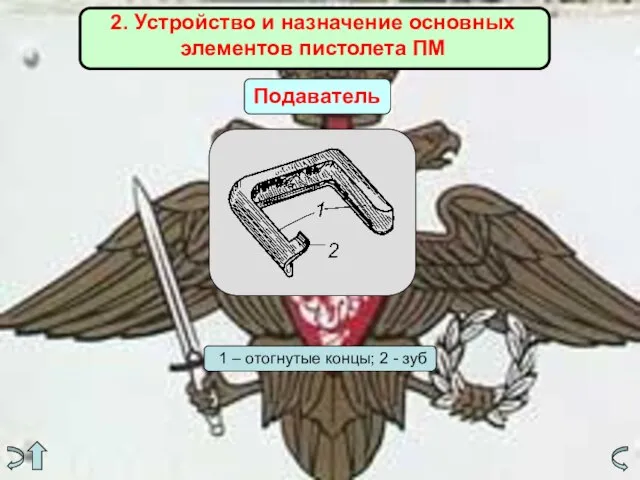 2. Устройство и назначение основных элементов пистолета ПМ Подаватель 1 – отогнутые концы; 2 - зуб