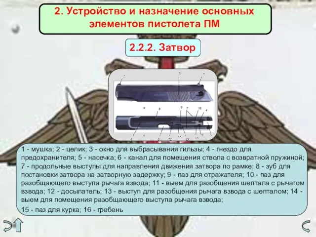 2. Устройство и назначение основных элементов пистолета ПМ 2.2.2. Затвор 1 -