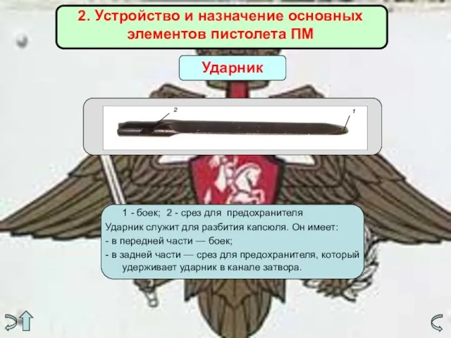 2. Устройство и назначение основных элементов пистолета ПМ Ударник 1 - боек;