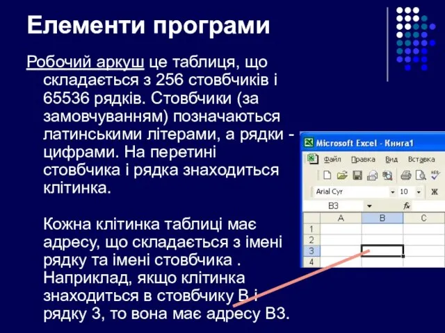 Елементи програми Робочий аркуш це таблиця, що складається з 256 стовбчиків і