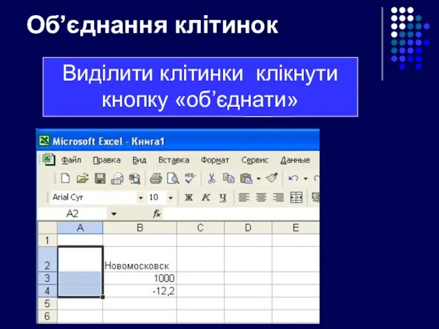 Об’єднання клітинок Виділити клітинки клікнути кнопку «об’єднати»