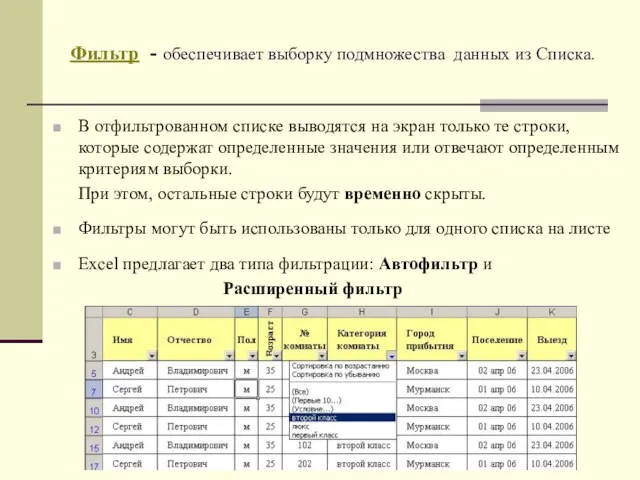 Фильтр - обеспечивает выборку подмножества данных из Списка. В отфильтрованном списке выводятся