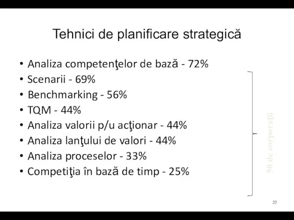 Tehnici de planificare strategică Analiza competenţelor de bază - 72% Scenarii -