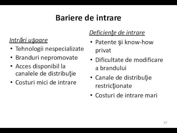 Bariere de intrare Intrări uşoare Tehnologii nespecializate Branduri nepromovate Acces disponibil la