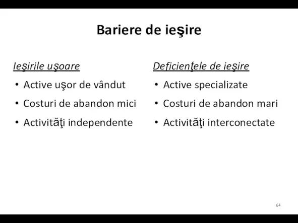 Bariere de ieşire Ieşirile uşoare Active uşor de vândut Costuri de abandon