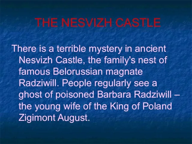 THE NESVIZH CASTLE There is a terrible mystery in ancient Nesvizh Castle,