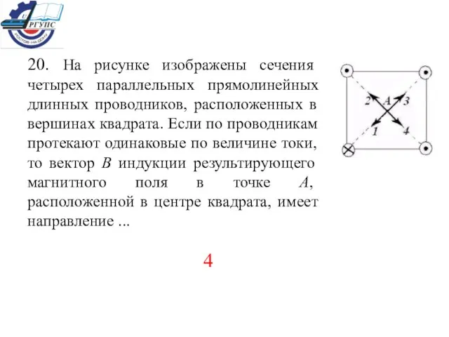 20. На рисунке изображены сечения четырех параллельных прямолинейных длинных проводников, расположенных в