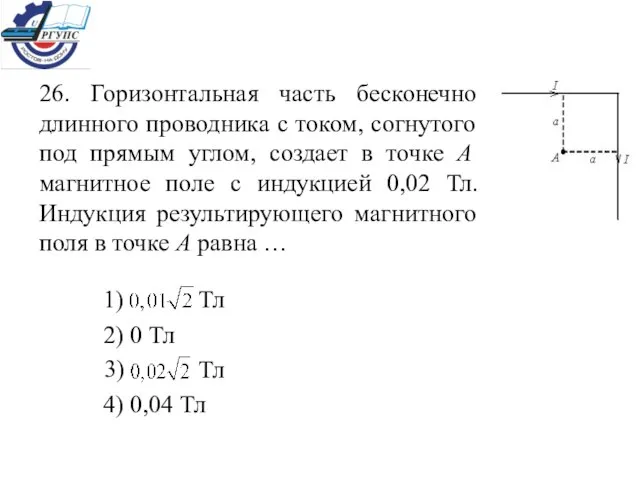 26. Горизонтальная часть бесконечно длинного проводника с током, согнутого под прямым углом,