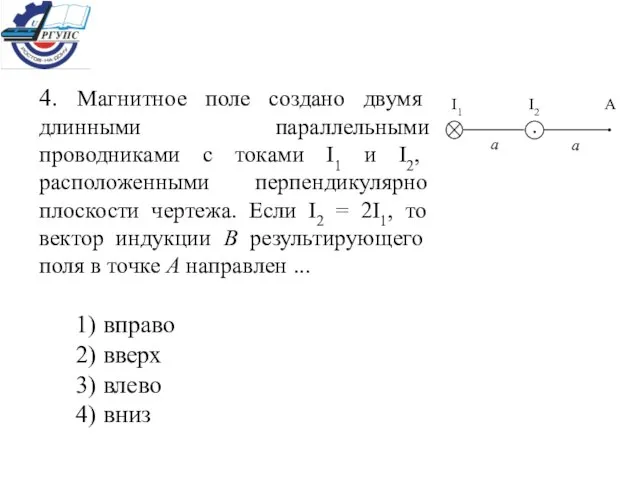 4. Магнитное поле создано двумя длинными параллельными проводниками с токами I1 и