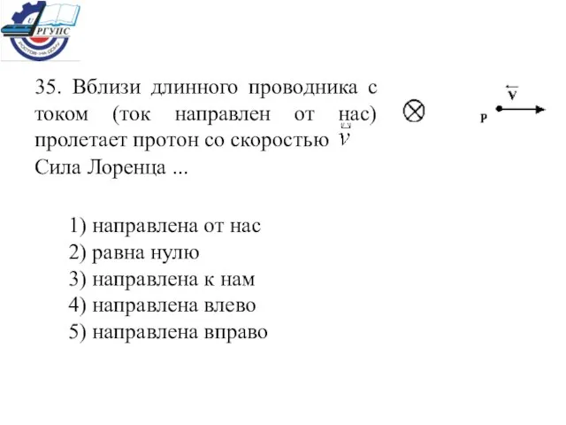 35. Вблизи длинного проводника с током (ток направлен от нас) пролетает протон