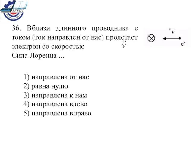 36. Вблизи длинного проводника с током (ток направлен от нас) пролетает электрон