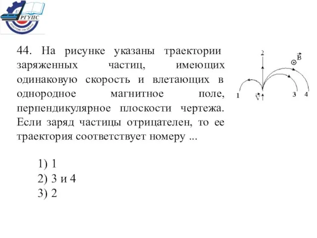 44. На рисунке указаны траектории заряженных частиц, имеющих одинаковую скорость и влетающих