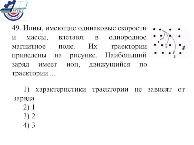 49. Ионы, имеющие одинаковые скорости и массы, влетают в однородное магнитное поле.