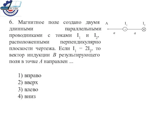 6. Магнитное поле создано двумя длинными параллельными проводниками с токами I1 и