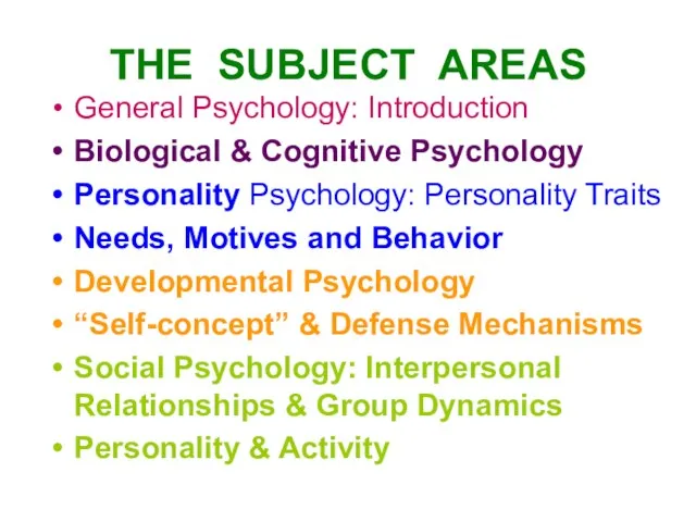 THE SUBJECT AREAS General Psychology: Introduction Biological & Cognitive Psychology Personality Psychology: