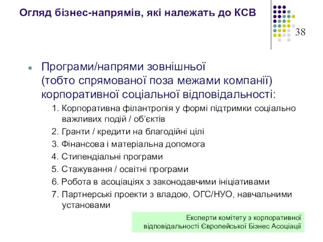 Огляд бізнес-напрямів, які належать до КСВ Програми/напрями зовнішньої (тобто спрямованої поза межами