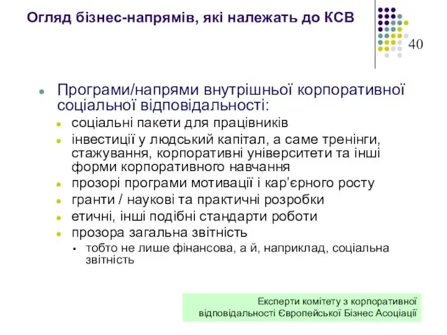 Огляд бізнес-напрямів, які належать до КСВ Програми/напрями внутрішньої корпоративної соціальної відповідальності: соціальні