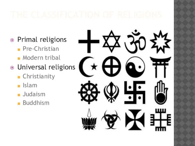THE CLASSIFICATION OF RELIGIONS Primal religions Pre-Christian Modern tribal Universal religions Christianity Islam Judaism Buddhism