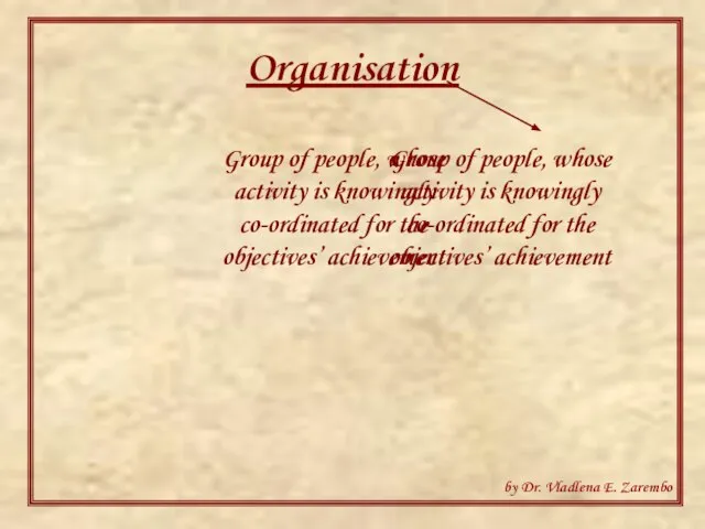 Organisation Group of people, whose activity is knowingly co-ordinated for the objectives’