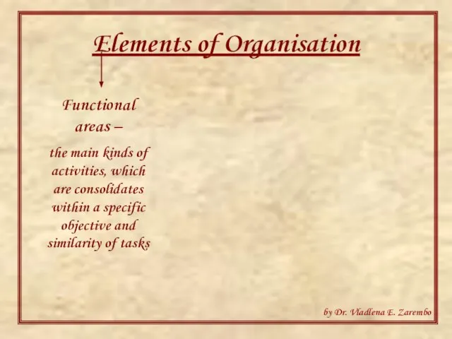 Elements of Organisation Functional areas – the main kinds of activities, which