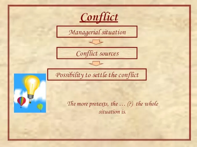 Conflict model Managerial situation Conflict sources Possibility to settle the conflict The