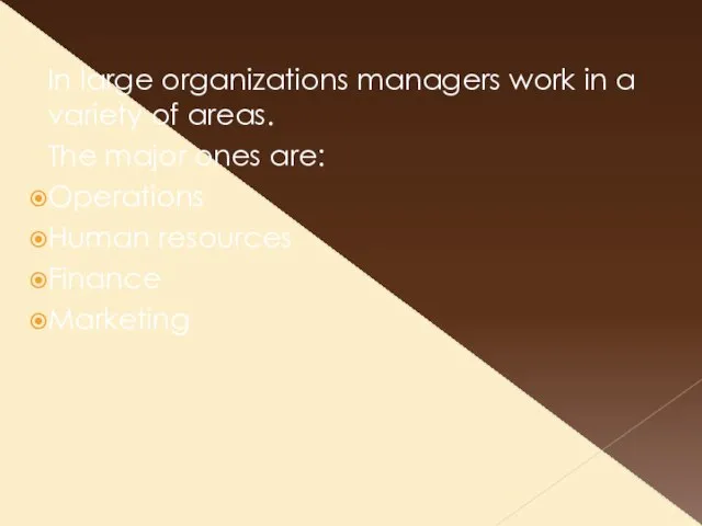 In large organizations managers work in a variety of areas. The major