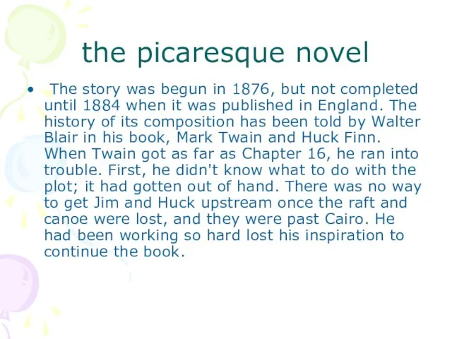 the picaresque novel The story was begun in 1876, but not completed