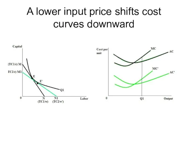A lower input price shifts cost curves downward