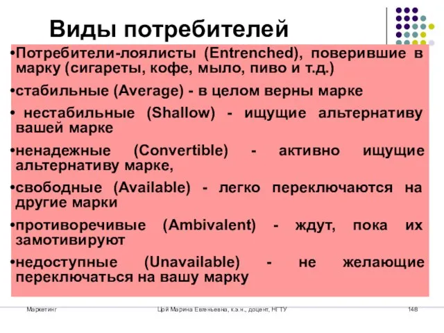 Маркетинг Цой Марина Евгеньевна, к.э.н., доцент, НГТУ Виды потребителей Потребители-лоялисты (Entrenched), поверившие