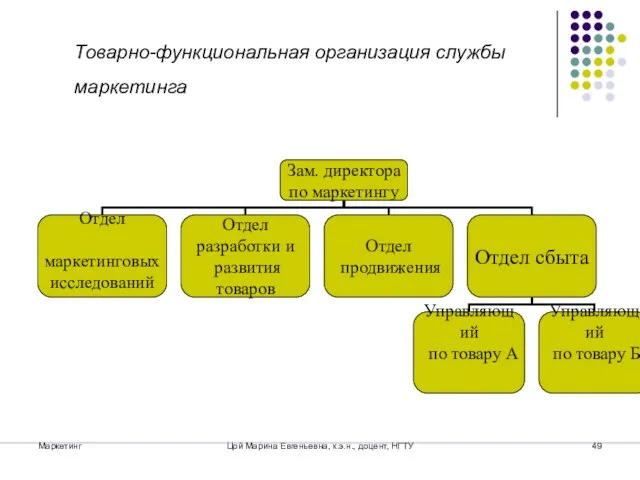 Маркетинг Цой Марина Евгеньевна, к.э.н., доцент, НГТУ Товарно-функциональная организация службы маркетинга